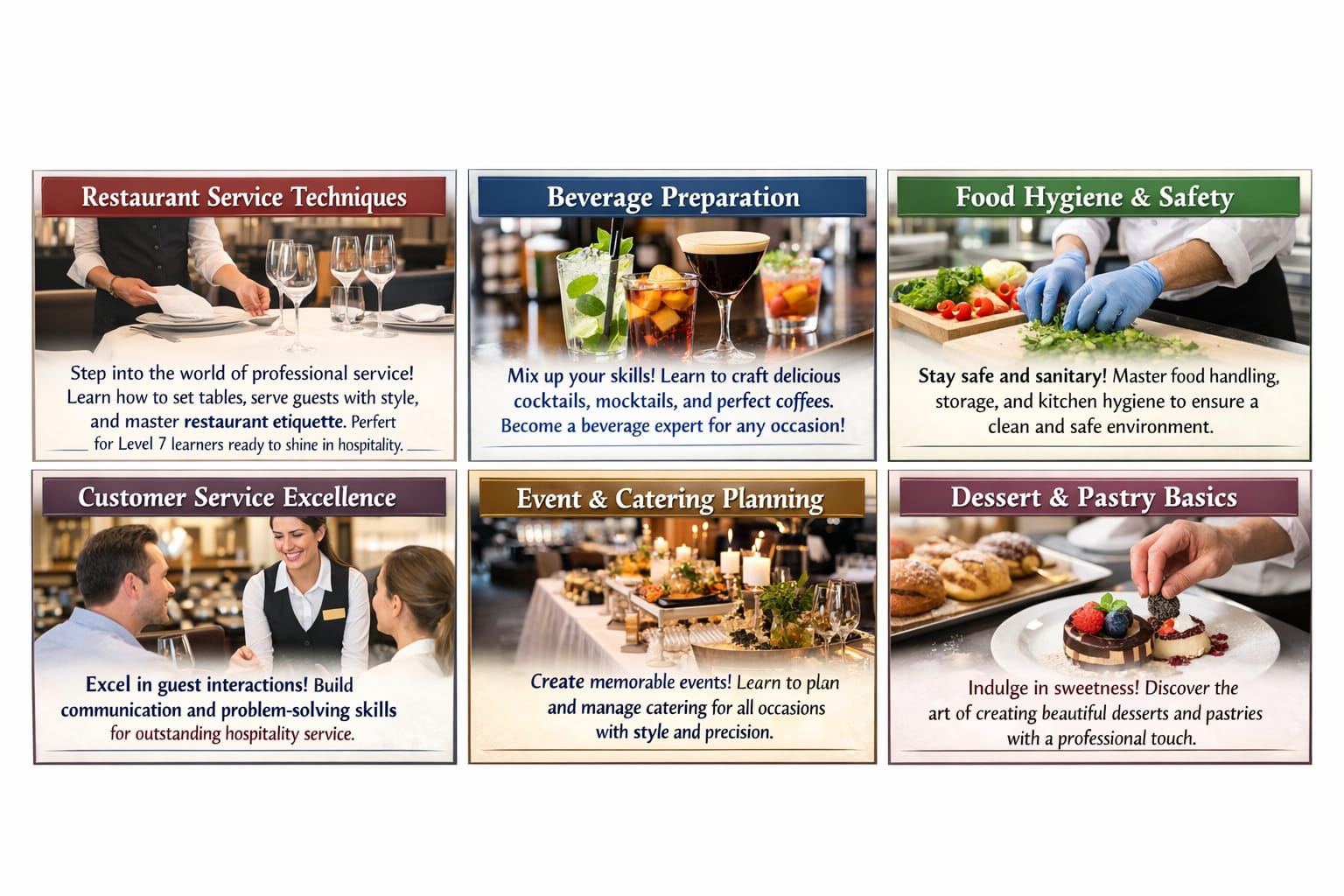 step into professional service learn table setup , serving and ettiquette to impress every quest. skills youll gain ; proper table setup . serving technique, proffesional ettiquette, start learning today.